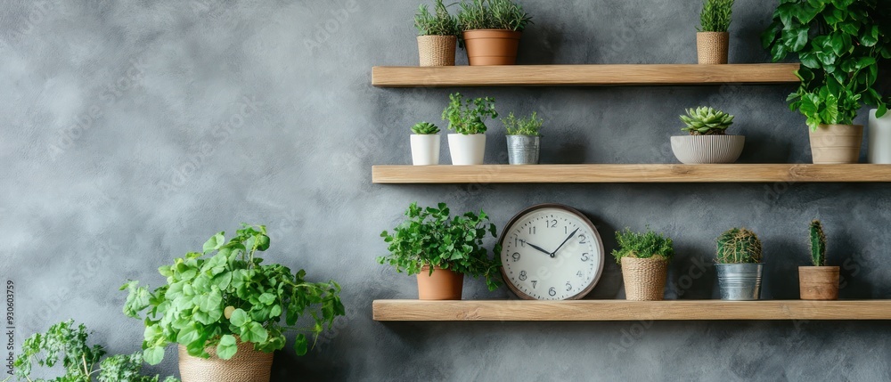 Plants and a clock on wooden shelves against a gray wall Plants and a clock on wooden shelves against a gray wall