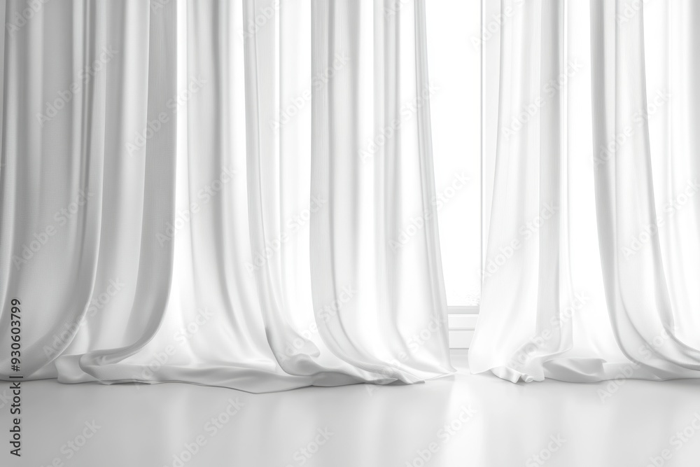 Elegant white curtains draping in bright room interior Elegant white curtains draping in bright room interior