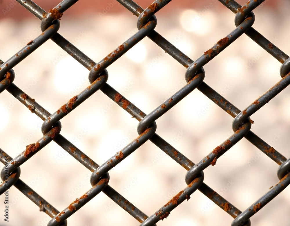 A close-up view of a chain link background, showcasing intricate details of the metal links with rust spots and reflections of light, creating a textured surface create with ai