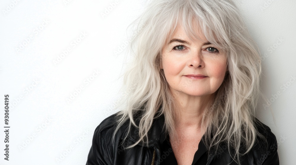 Confident mature woman with stylish grey hair black leather jacket Confident mature woman with stylish grey hair black leather jacket