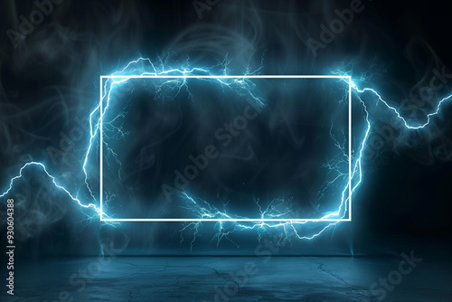 White neon rectangle frame made of electricity dark blue background. Glowing geometric shape with copy space for text