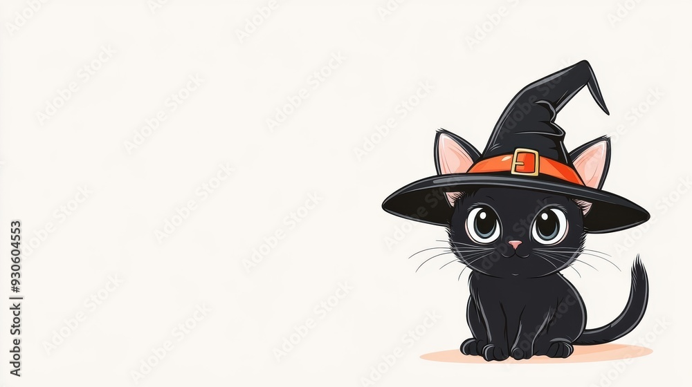 Fototapeta premium Halloween. Cute kitten in hat on light background.