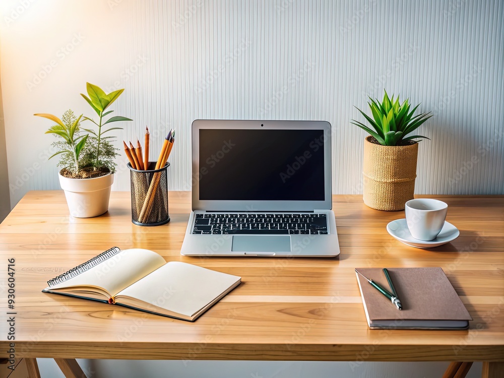 Fototapeta premium A neatly organized desk with a laptop, notebook, and pens, surrounded by a calm and minimalist background, conveying a sense of productivity and efficiency.