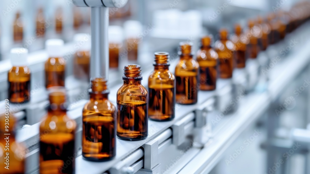 Factory production line with amber glass bottles, showcasing the automated filling process in a modern pharmaceutical setting. Factory production line with amber glass bottles, showcasing the automated filling process in a modern pharmaceutical setting.