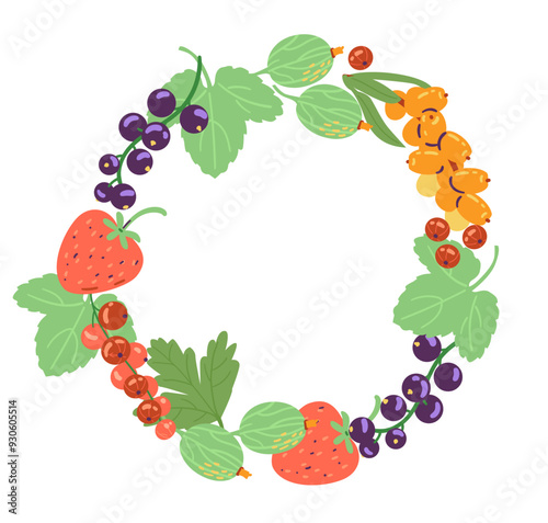 Decorative wreath from ripe berries and leaves vector illustration isolated on white. Strawberry, sea-buckthorn, red and black currant, gooseberry.