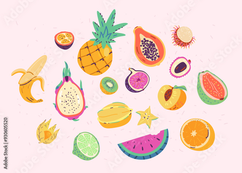 Tropical exotic juicy fruits vector poster.