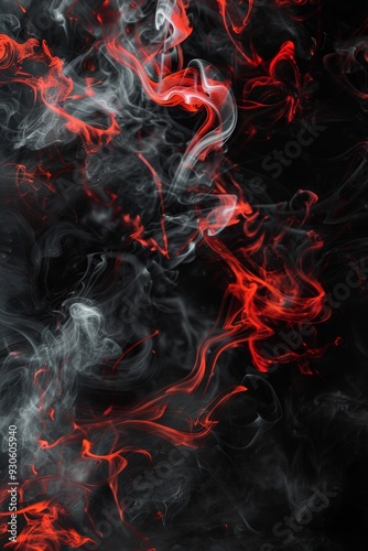 Bold black and red abstract design with smoky swirls and dynamic movement, creating a striking