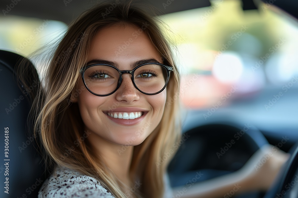 A young woman in glasses smiles happily while driving a car. A young woman in glasses smiles happily while driving a car.