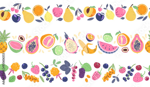 Fruits and berries vector seamless borders set.