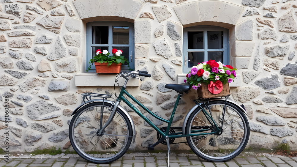 bicyclette contre un mur avec un panier de fleurs maison de pierre bicyclette contre un mur avec un panier de fleurs maison de pierre