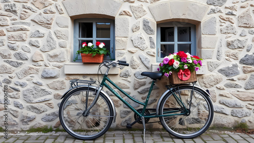 bicyclette contre un mur avec un panier de fleurs maison de pierre