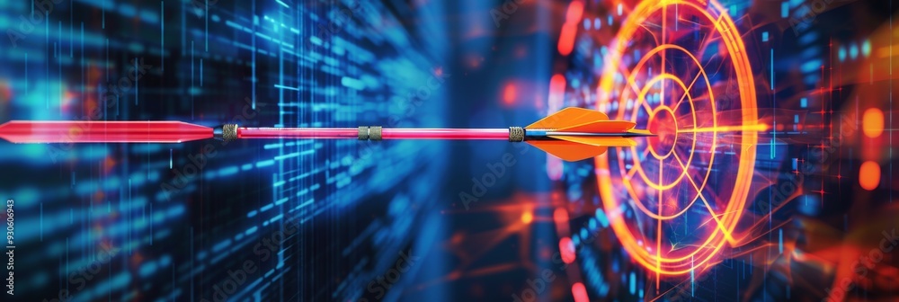 Fototapeta premium Digital arrow aimed at a virtual target dartboard, illustrating precision in business investment
