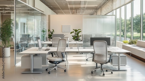 Fototapeta Naklejka Na Ścianę i Meble -  Modern office space with desks, chairs, and plants, designed for productivity and collaboration.