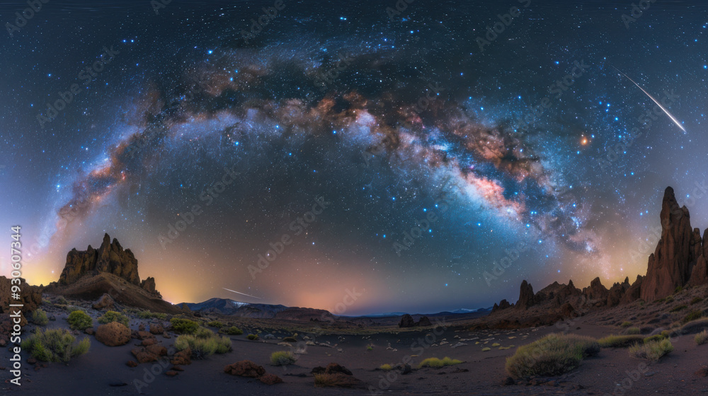 In the tranquil night, the Milky Way spans the sky, the majestic mountain range stands out clearly in the starlight, a meteor streaks across the night sky, disappearing on the horizon, a serene, myste In the tranquil night, the Milky Way spans the sky, the majestic mountain range stands out clearly in the starlight, a meteor streaks across the night sky, disappearing on the horizon, a serene, myste