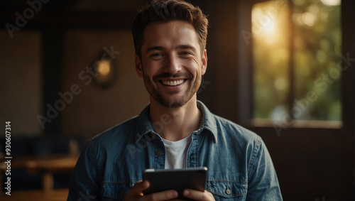 Happy elegant businessman using digital tablet