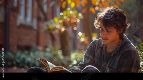 Law Student Reading Thoughtfully in a Serene University Corner. photo