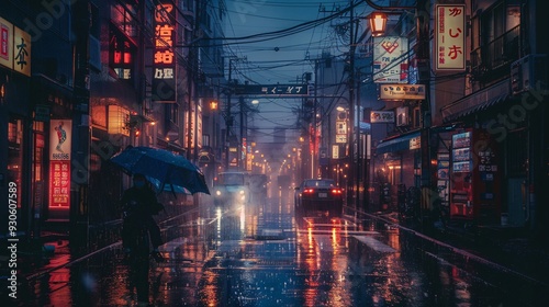 Rainy Night in a Neon Lit Japanese Alleyway