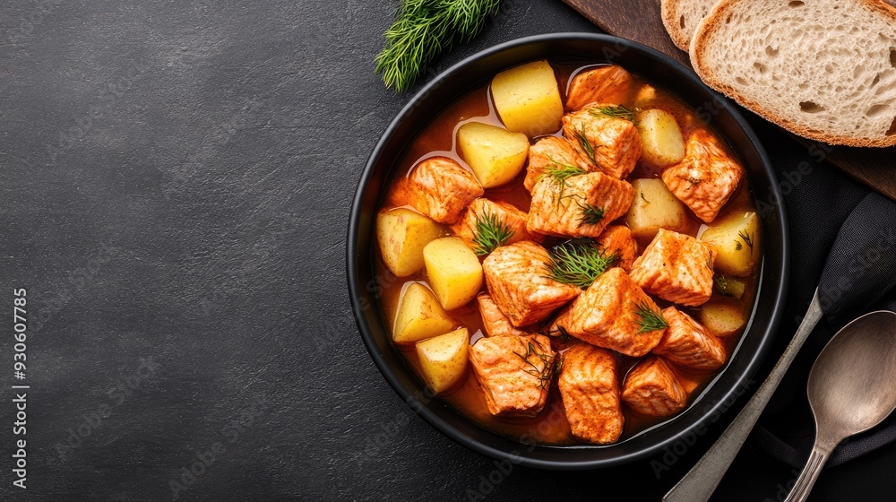 A hearty stew features herring, potatoes, and vegetables in a creamy cheese sauce, garnished with dill, accompanied by fresh bread on a rustic table A hearty stew features herring, potatoes, and vegetables in a creamy cheese sauce, garnished with dill, accompanied by fresh bread on a rustic table