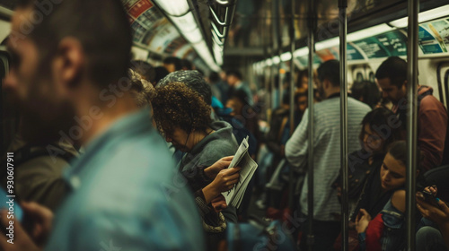 People boarding a crowded subway train in a busy city, with commuters reading newspapers, checking phones, and standing packed together