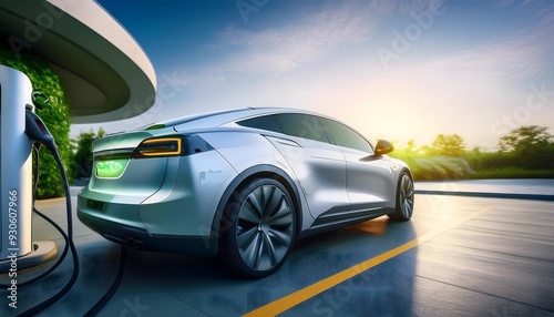 electric car at charging station in urban setting, symbolizing sustainable energy and green transportation, perfect for eco-friendly and modern technology concepts