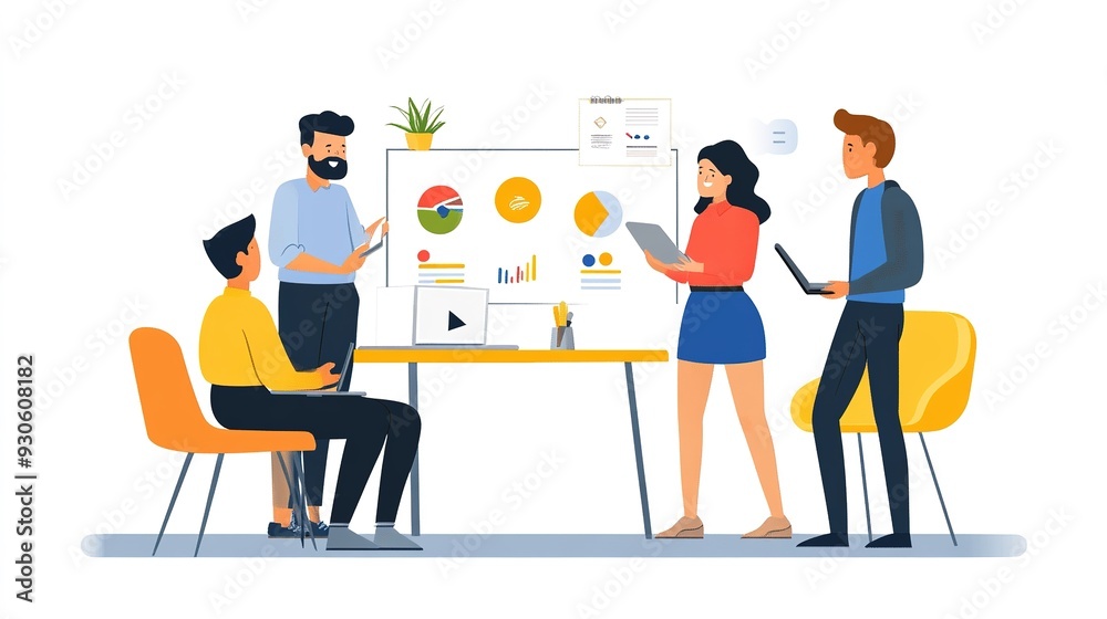 A marketing team in a meeting room, presenting advertising concepts and branding ideas on a whiteboard