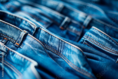 High-quality image of denim jeans with visible seams and fabric texture, perfect for fashion use. photo