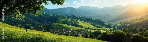 Breathtaking landscape featuring rolling hills, lush greenery, and a serene village with mountains in the background under a warm sun.