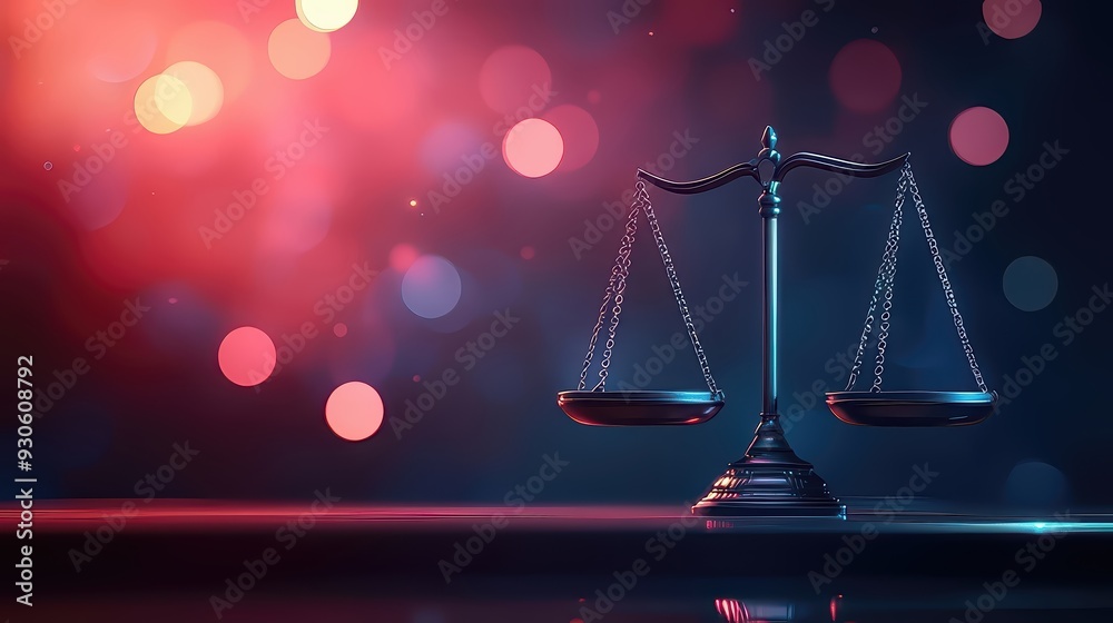 Elegant balance scale symbolizing justice in a colorful and abstract background, representing law and fairness. Elegant balance scale symbolizing justice in a colorful and abstract background, representing law and fairness.