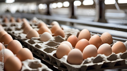 From above, the egg factory resembles a colorful mosaic of perfectly arranged cartons, each one filled with the freshest brown eggs. The sustainable production methods used are evident in the lush gre photo