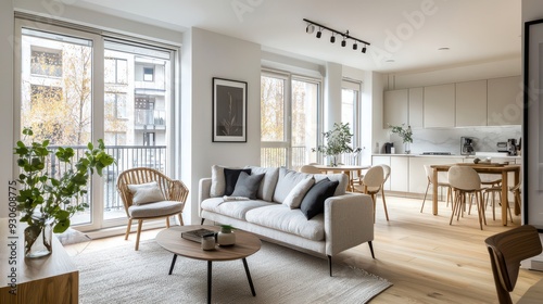 Bright and modern Scandinavian-style apartment featuring clean lines, minimalist furniture, and abundant natural light. The neutral color palette, wooden floors