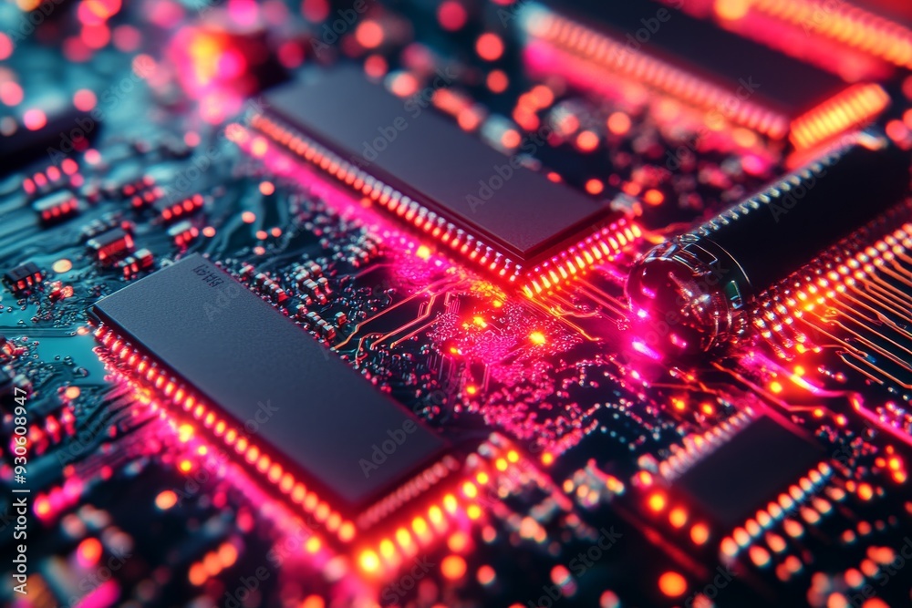 A vibrant depiction of microchips on a circuit board with pink and red LED lights symbolizing the energy and dynamic nature of modern computing technology A vibrant depiction of microchips on a circuit board with pink and red LED lights symbolizing the energy and dynamic nature of modern computing technology
