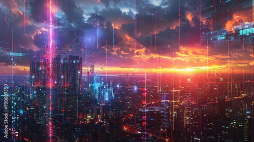 Futuristic Cityscape at Sunset with Neon Lights