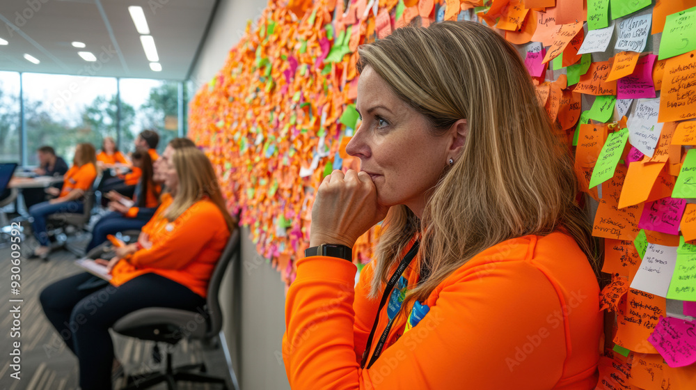Obraz premium A woman in orange shirt sitting next to a wall covered with post-it notes, AI