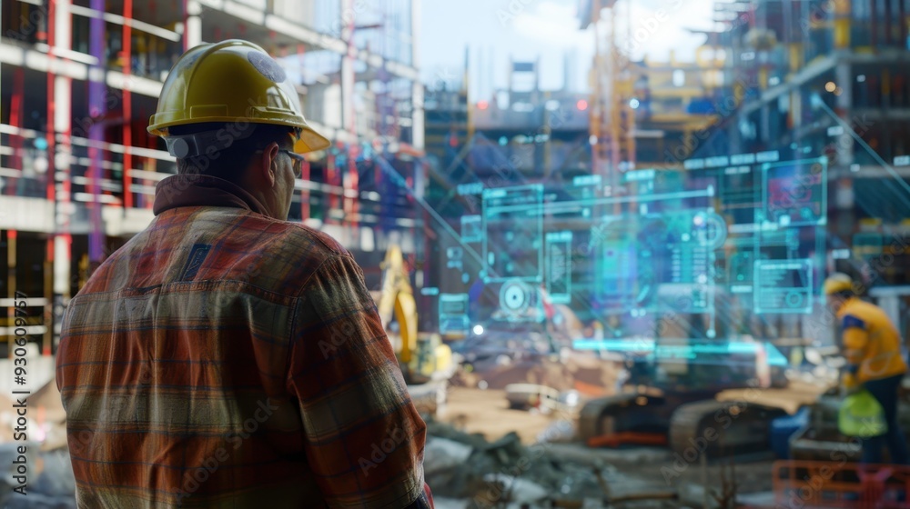 Construction worker wearing a hard hat, looking at a construction site with augmented reality overlays Construction worker wearing a hard hat, looking at a construction site with augmented reality overlays