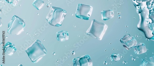 Floating ice cubes on a light blue background. The image emphasizes coolness and refreshment, ideal for summer and beverage themes photo