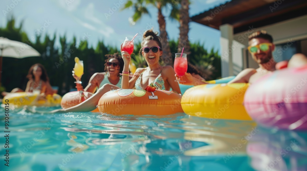 Obraz premium Friends enjoying a tropical pool party with inflatable floaties and refreshing drinks