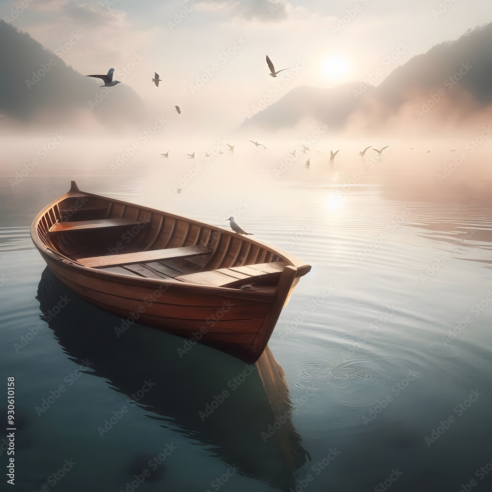 a simple wooden small boat in a gentle sea water in a fresh weather a simple wooden small boat in a gentle sea water in a fresh weather