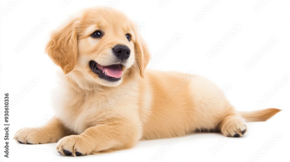 A puppy laying down on a white background with its tongue out, AI A puppy laying down on a white background with its tongue out, AI