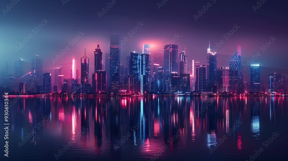 Fototapeta premium Futuristic Cityscape with Neon Lights Reflecting in Water