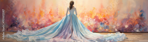 A graceful figure in an elegant flowing gown stands against a vibrant, colorful background, embodying beauty and creativity.