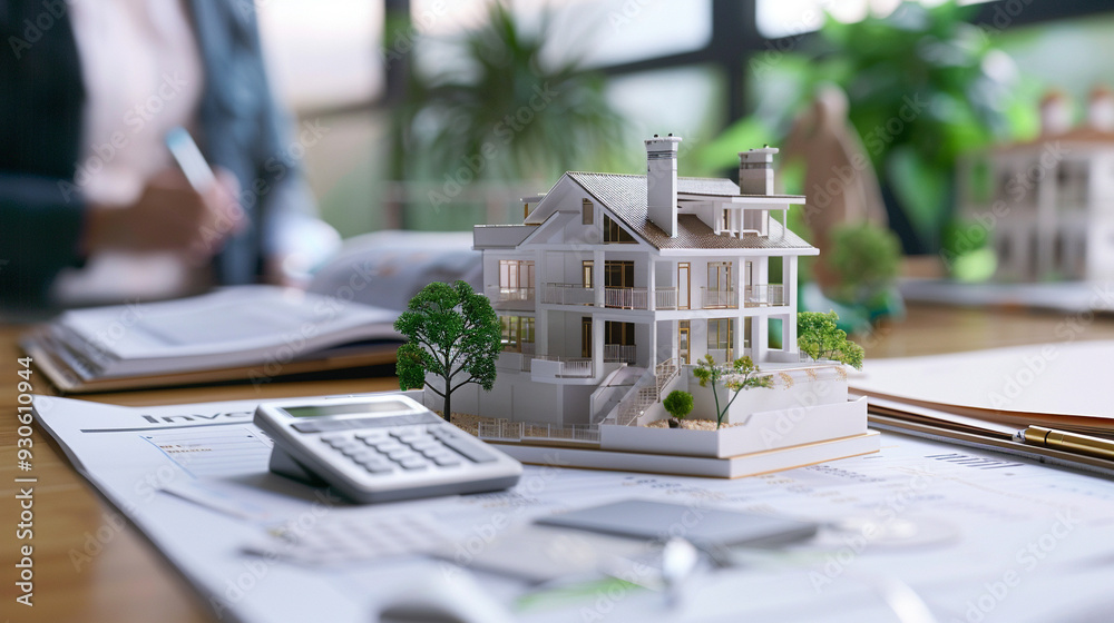 A detailed view of a luxurious residential building model on a desk with documents labeled A detailed view of a luxurious residential building model on a desk with documents labeled