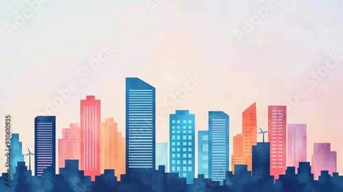 Watercolor painting of a city skyline with a soft, colorful background.