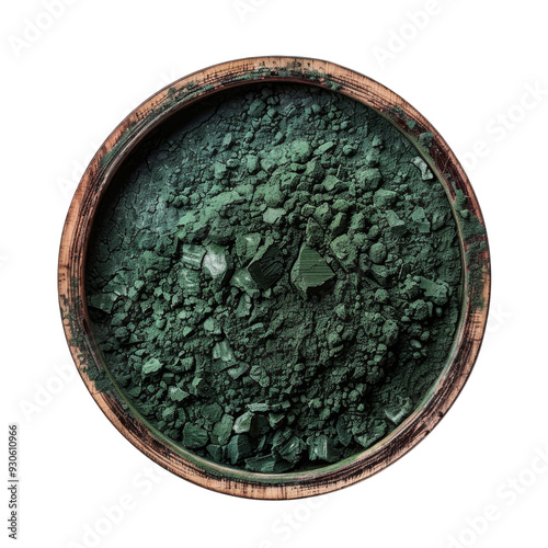 Green powder in a wooden bowl, isolated on a white background.