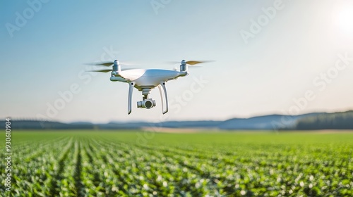 White drone flying over a green field of crops, blue sky in the background.