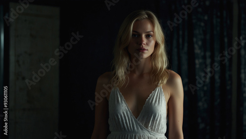 Portrait of a young hot beautiful woman in white color nightwear
