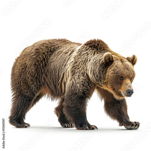 A majestic grizzly bear walking gracefully across a white background, showcasing its powerful build and beautiful fur. photo