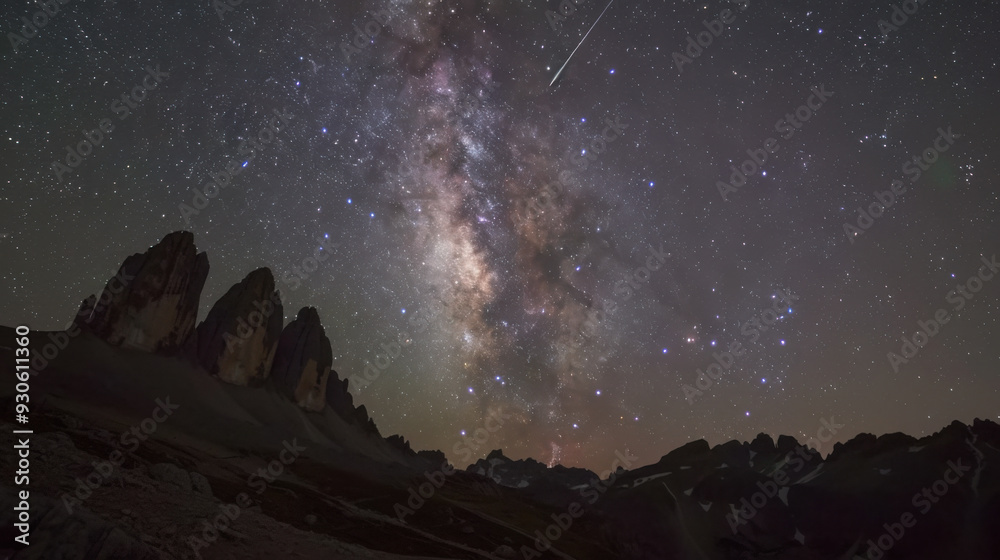 In the tranquil night, the Milky Way spans the sky, the majestic mountain range stands out clearly in the starlight, a meteor streaks across the night sky, disappearing on the horizon, a serene, myste In the tranquil night, the Milky Way spans the sky, the majestic mountain range stands out clearly in the starlight, a meteor streaks across the night sky, disappearing on the horizon, a serene, myste