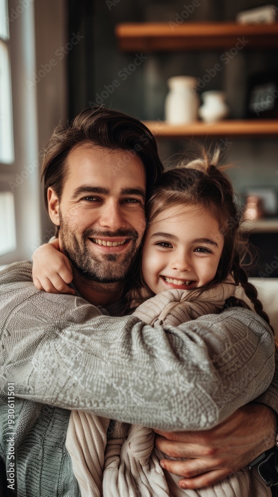 Happy father and daughter hugging on couch at home
