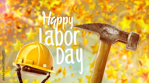 Happy Labor Day poster with hammer and hard hat photo