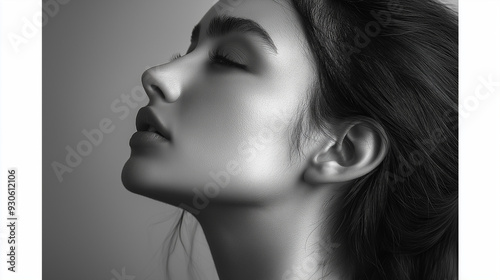 Graceful Black and White Profile Portrait of a Woman with Eyes Closed and Soft Lighting 